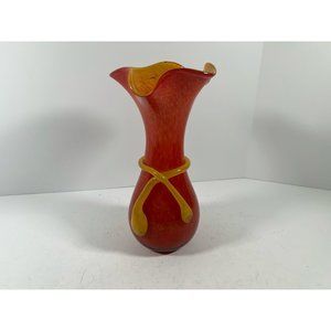 Hand Blown Vase Red Yellow Abstract High Gloss Collectibles Glassware 11 in